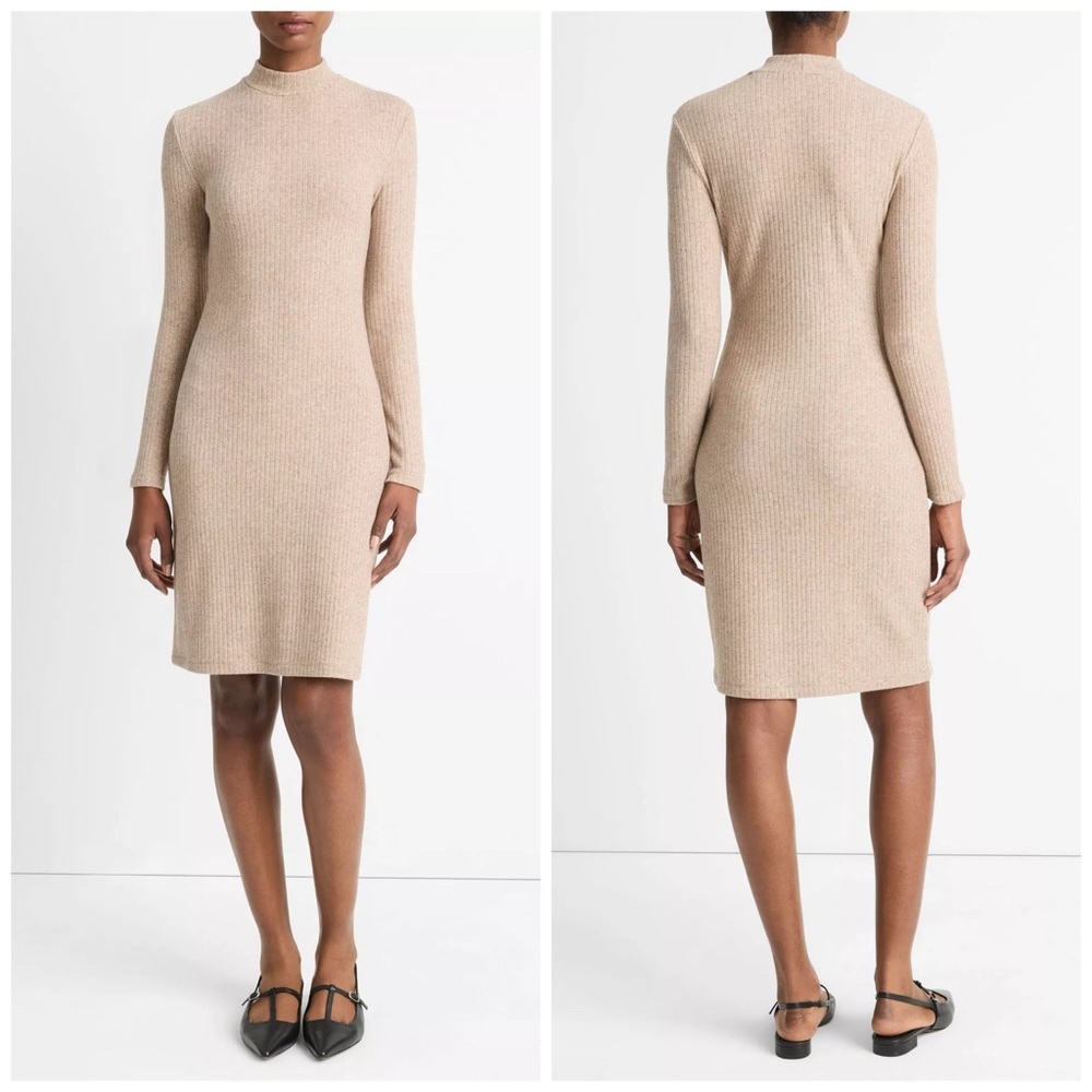 Vince Ribbed Long-Sleeve Short Dress in Heather Hazel Cream
